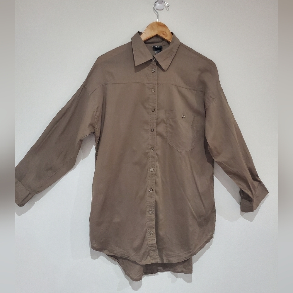 H&M dark khaki long button down tunic w roll up sleeve size 2 - Picture 1 of 6